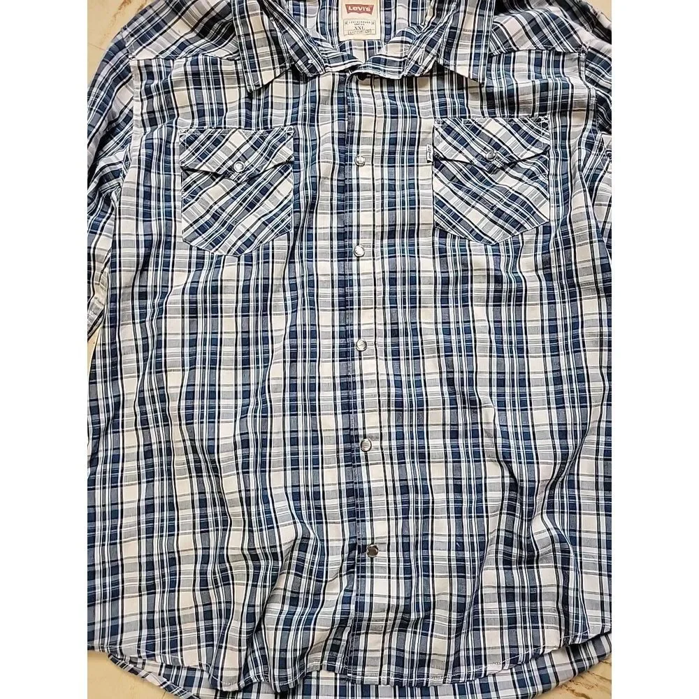 Levis‎ Pearl Snap Western Men's Shirt  XXL 2XL Blue Plaid Long Sleeve White Tab